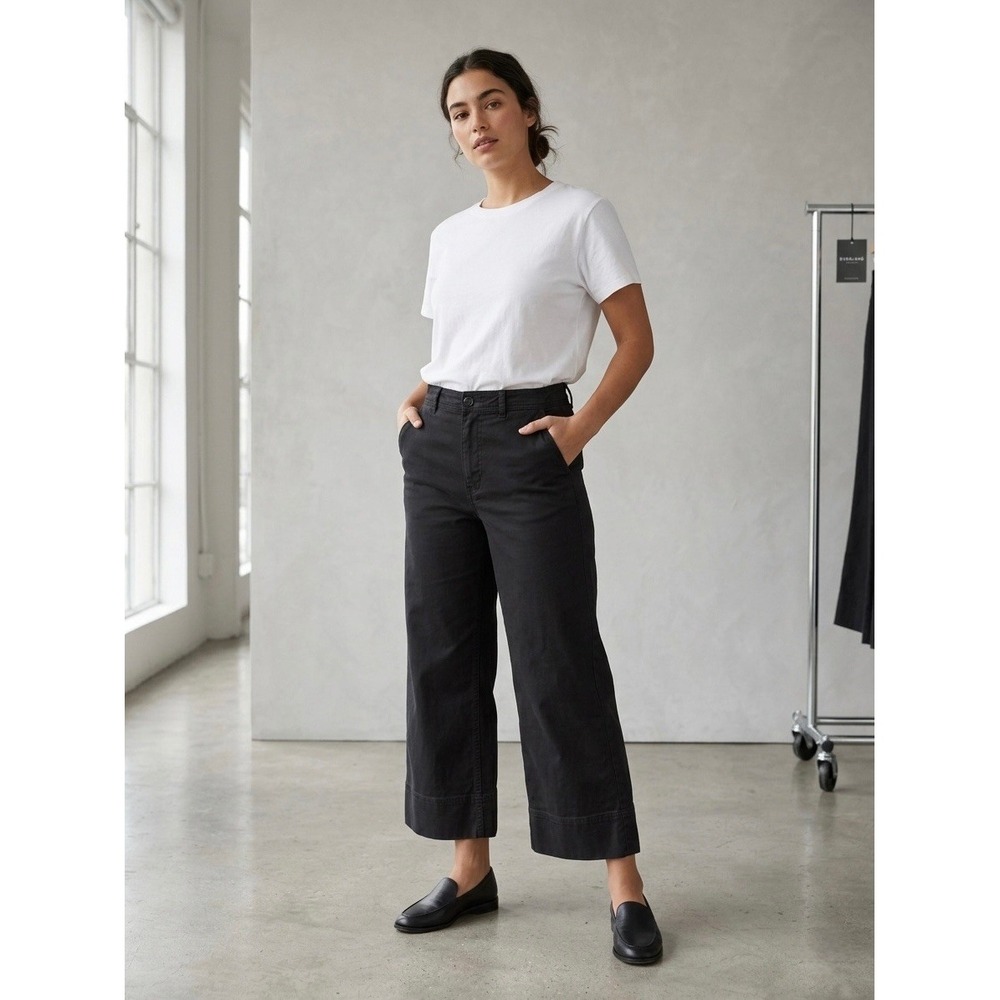 Everlane Wide Leg Crop Pants Black High Rise Cotton Stretch Trousers Size 10